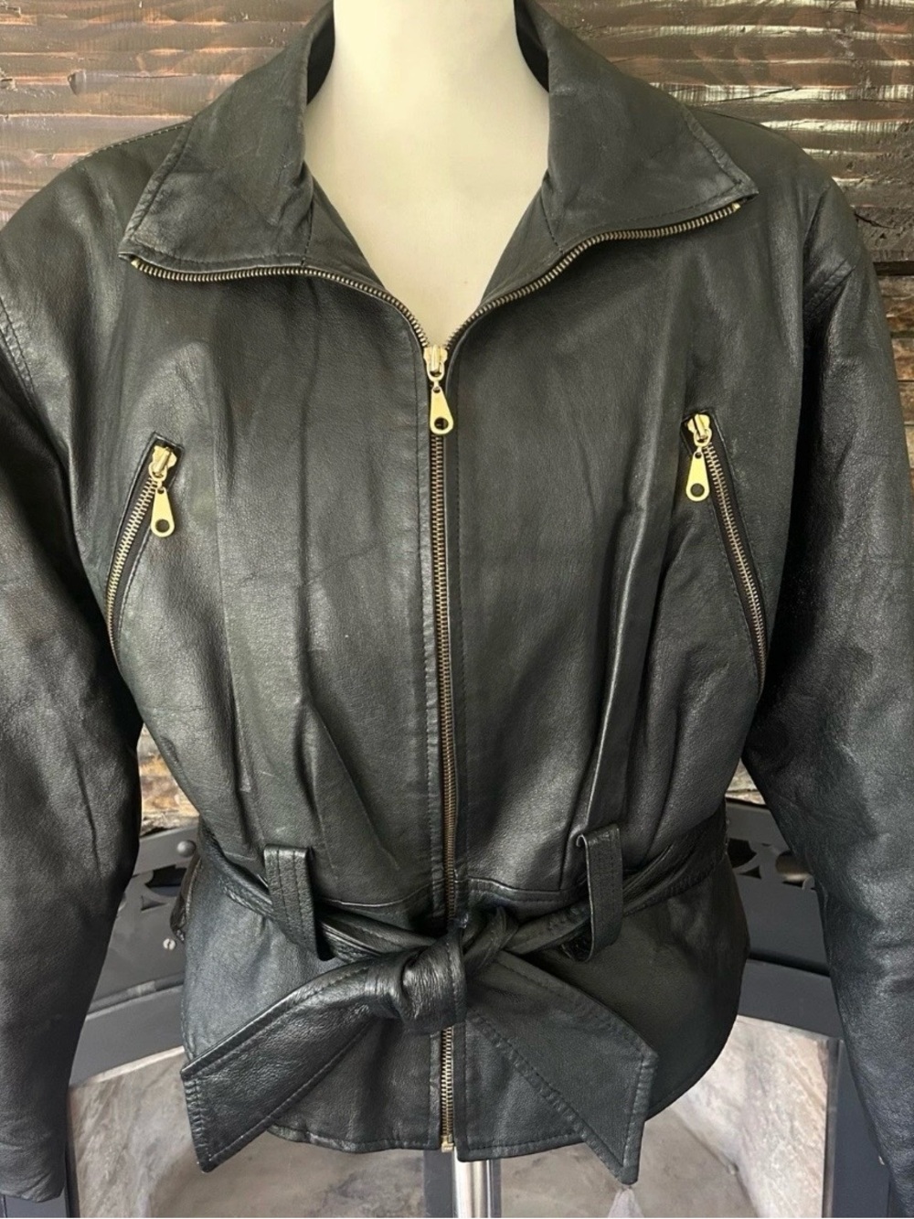 Paris Sport Women’s Black Leather Zip Jacket with Belt | Medium